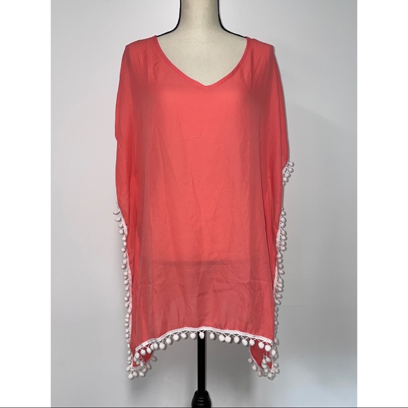 *SOLD* NWT Adreamly Chiffon Pom Pom Swimsuit Cover Up Sheer Coral Size S - Picture 3 of 5